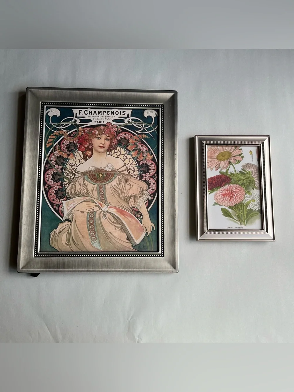 Vintage Metal Silvertone Picture Photo Frames w/ Fine Art Prints-Set of 2